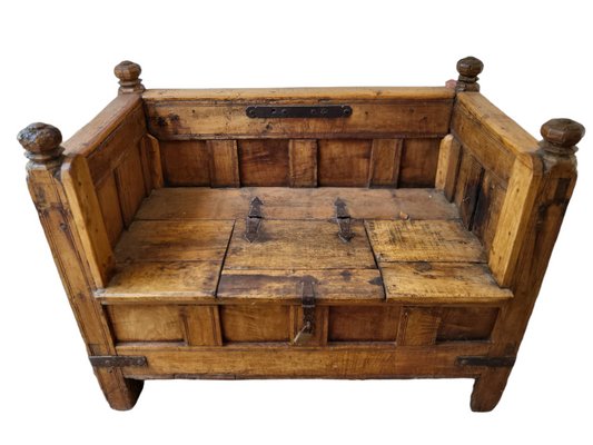 18th Century Spanish Hand Carved Wooden Bench with Storage-TCS-1358065