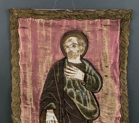 18th Century Tapestry on Silk with Embroidered Saint-QKG-1754188