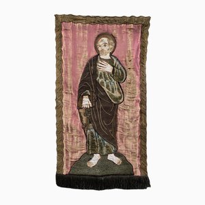 18th Century Tapestry on Silk with Embroidered Saint-QKG-1754188