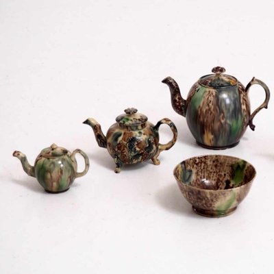 18th Century Teapots and Bowl Faience with Tortoiseshell Decorations from Wieldon, Set of 4-SA-636415