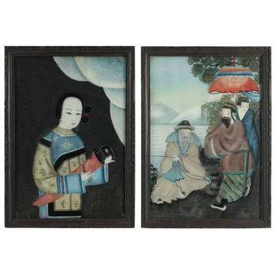 19th Century Asian Paintings under Glass, Set of 2-WFS-744843