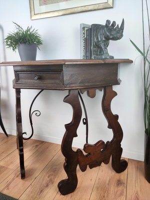 19th Century Baroque Solid Walnut Lyre-Leg Demi-Lune Console Table with Inlay-EUP-1266778