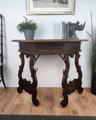 19th Century Baroque Solid Walnut Lyre-Leg Demi-Lune Console Table with Inlay-EUP-1266778