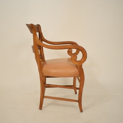 19th Century Biedermeier German Cherrywood and Brown Leather Armchair-FB-735099