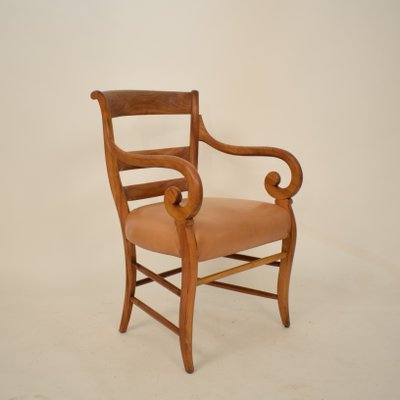 19th Century Biedermeier German Cherrywood and Brown Leather Armchair-FB-735099