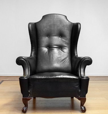 19th Century Black Leather Chippendale Wingback Chair with Claw and Ball Feet-JE-1817742