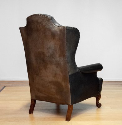 19th Century Black Leather Chippendale Wingback Chair with Claw and Ball Feet-JE-1817742