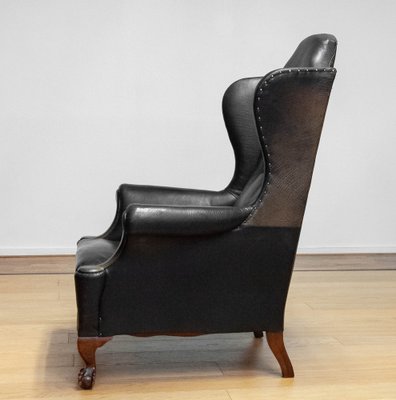 19th Century Black Leather Chippendale Wingback Chair with Claw and Ball Feet-JE-1817742