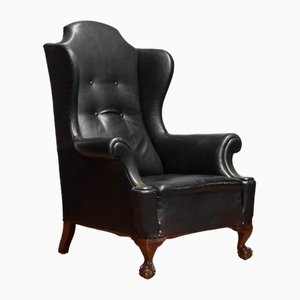 19th Century Black Leather Chippendale Wingback Chair with Claw and Ball Feet-JE-1817742