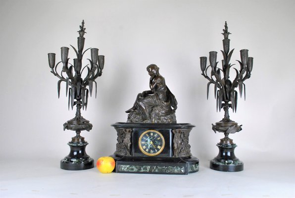 19th Century Bronze and Marble Clock and Candleholders by James Pradier, Set of 3-SYQ-717290