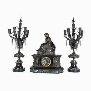 19th Century Bronze and Marble Clock and Candleholders by James Pradier, Set of 3-SYQ-717290