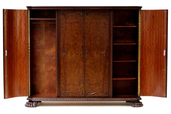 19th Century Burr Walnut Wardrobe with Big Lion Feet, 1890s-UBE-1417671