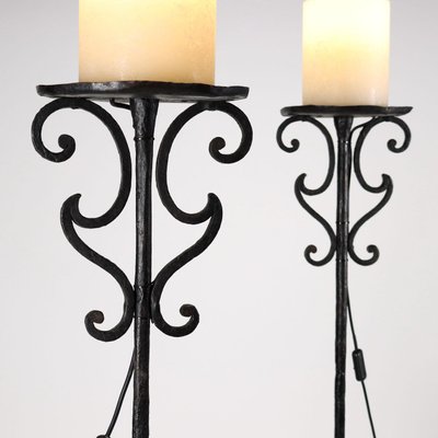 19th Century Candleholder Floor Lamps in Wrought Iron, Italy, Set of 2-VMM-1431281