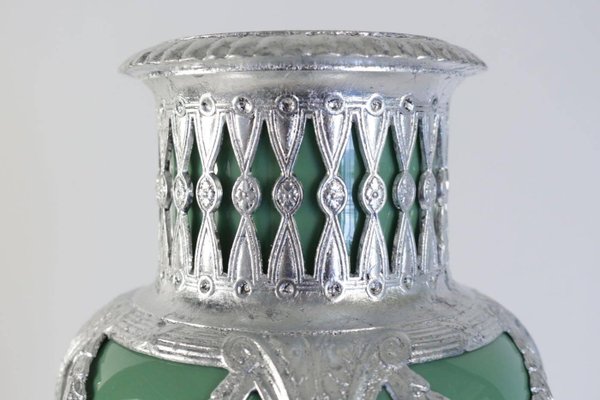 19th Century Celadon Vase in Faience, Silver-Plate & Silver Leaf-WFS-744695