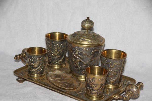 19th Century Chinese Bronze Desk Smoking Set with Dragon Decor, Set of 7-NAD-1784313