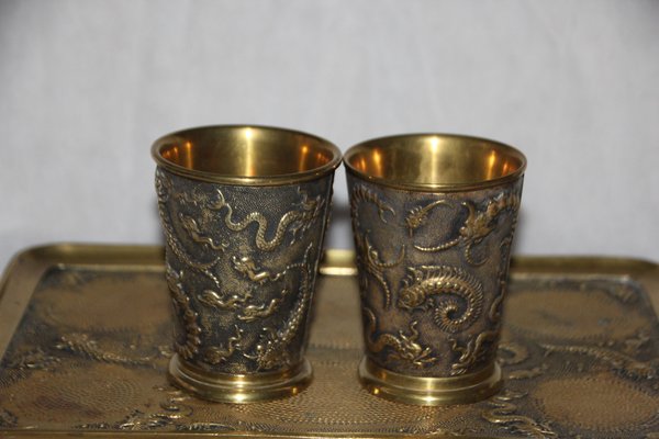 19th Century Chinese Bronze Desk Smoking Set with Dragon Decor, Set of 7-NAD-1784313