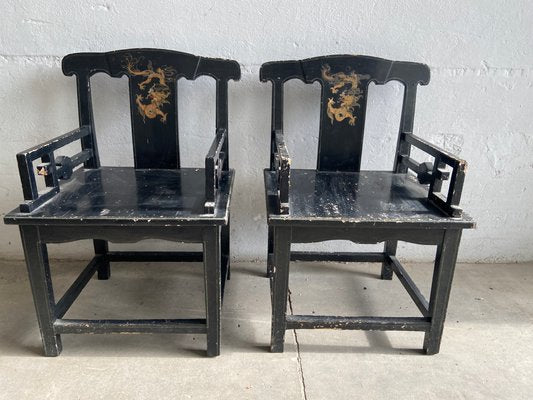 19th Century Chinese Chairs in Lacquered Black Wood with Gilt Decoration, 1890s, Set of 2-DHH-1419562