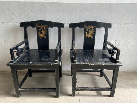 19th Century Chinese Chairs in Lacquered Black Wood with Gilt Decoration, 1890s, Set of 2-DHH-1419562