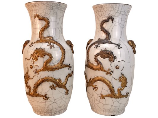 19th Century Chinese Gilt Gold Crackleware Dragon Vases, Set of 2-TCS-1148590