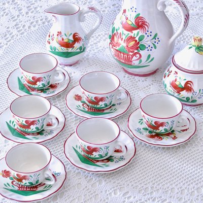 19th Century Coffee Service with Hand-Painted Rooster from St Clément, 1890s, Set of 15-SHG-2031543