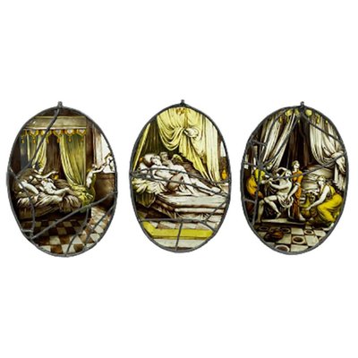 19th Century Dutch Oval Fire-Painted Stained Glass Windows by Jan Schouten for Delft, Set of 3-UCH-1224343