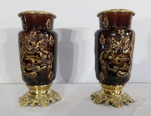 19th Century Earthenware and Bronze Vases by E. Gilles, Set of 2-RVK-1153248