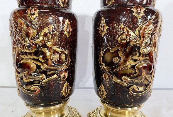 19th Century Earthenware and Bronze Vases by E. Gilles, Set of 2-RVK-1153248