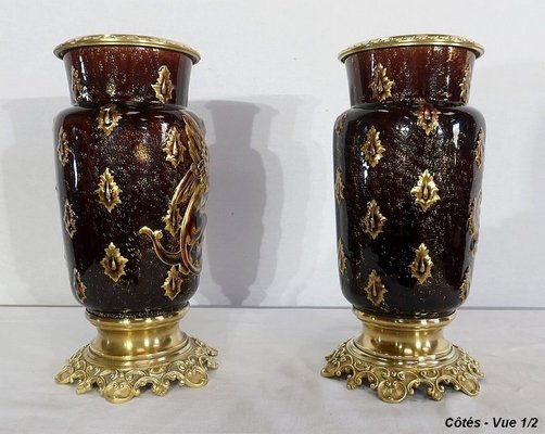 19th Century Earthenware and Bronze Vases by E. Gilles, Set of 2-RVK-1153248