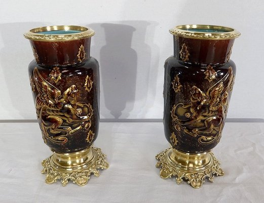 19th Century Earthenware and Bronze Vases by E. Gilles, Set of 2-RVK-1153248