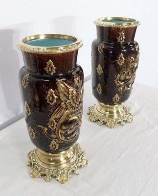 19th Century Earthenware and Bronze Vases by E. Gilles, Set of 2-RVK-1153248