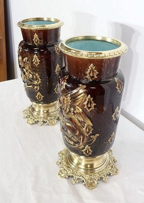 19th Century Earthenware and Bronze Vases by E. Gilles, Set of 2-RVK-1153248