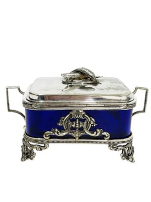 19th Century English Plate Silver Box with Blue Glass, 1866-UCH-1224392