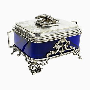 19th Century English Plate Silver Box with Blue Glass, 1866-UCH-1224392