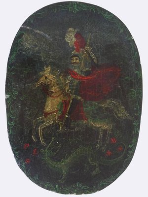 19th Century European Painted Wooden Oval Box with Saint George & the Dragon-DEK-932443