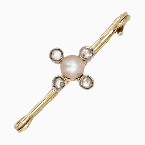 19th Century Fine Pearl Diamonds 18 Karat Yellow Gold Pin Brooch-OLU-1815851