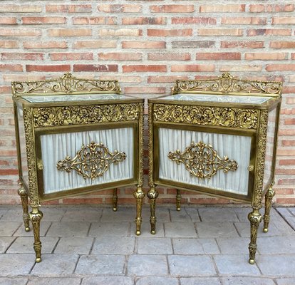 19th Century French Bronze Vitrine Nightstands with Glass Doors and Brass Drawers, Set of 2-NOU-1057879