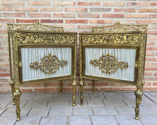 19th Century French Bronze Vitrine Nightstands with Glass Doors and Brass Drawers, Set of 2-NOU-1057879