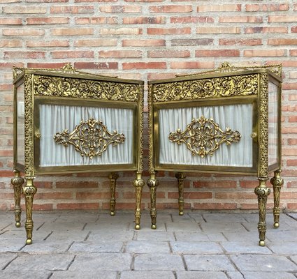 19th Century French Bronze Vitrine Nightstands with Glass Doors and Brass Drawers, Set of 2-NOU-1057879