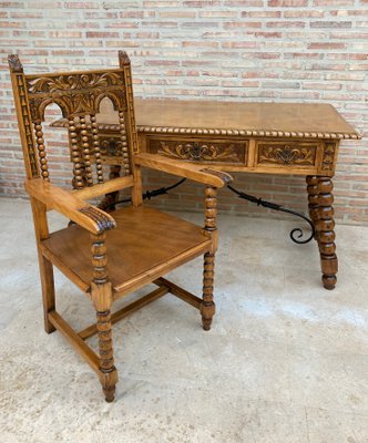 19th-Century French Carved Oak Turned Wood Armchair-NOU-1010615