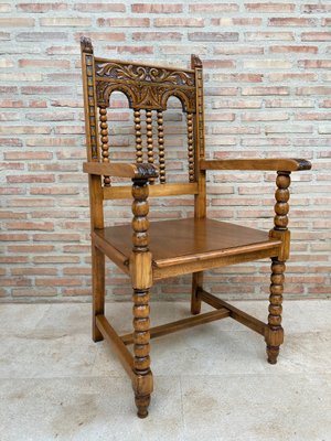 19th-Century French Carved Oak Turned Wood Armchair-NOU-1010615