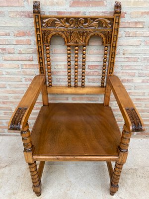 19th-Century French Carved Oak Turned Wood Armchair-NOU-1010615