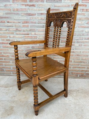 19th-Century French Carved Oak Turned Wood Armchair-NOU-1010615