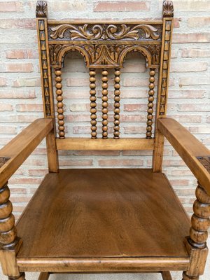 19th-Century French Carved Oak Turned Wood Armchair-NOU-1010615