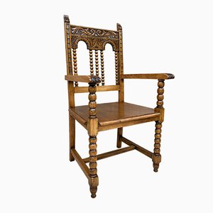 19th-Century French Carved Oak Turned Wood Armchair-NOU-1010615