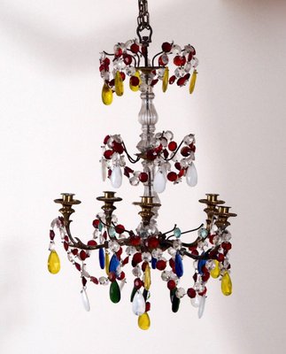 19th Century French Chandelier with Colored Glass and Bronze-SA-686063