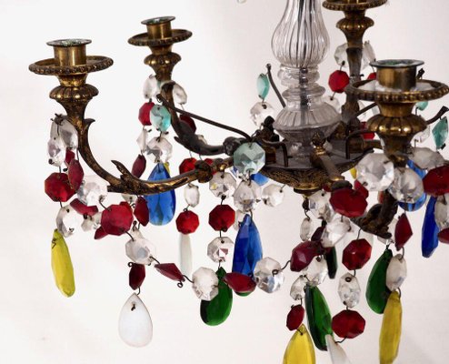 19th Century French Chandelier with Colored Glass and Bronze-SA-686063