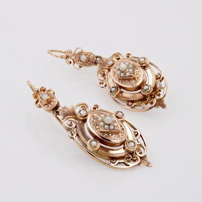 19th Century French Fine Pearl 18 Karat Rose Gold Dangle Earrings, Set of 2-OLU-2020912