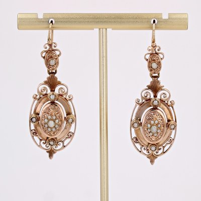 19th Century French Fine Pearl 18 Karat Rose Gold Dangle Earrings, Set of 2-OLU-2020912