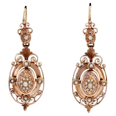 19th Century French Fine Pearl 18 Karat Rose Gold Dangle Earrings, Set of 2-OLU-2020912