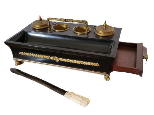 19th Century French Gilded Dore Bronze & Ebonized Wood Inkwell-TCS-1357514